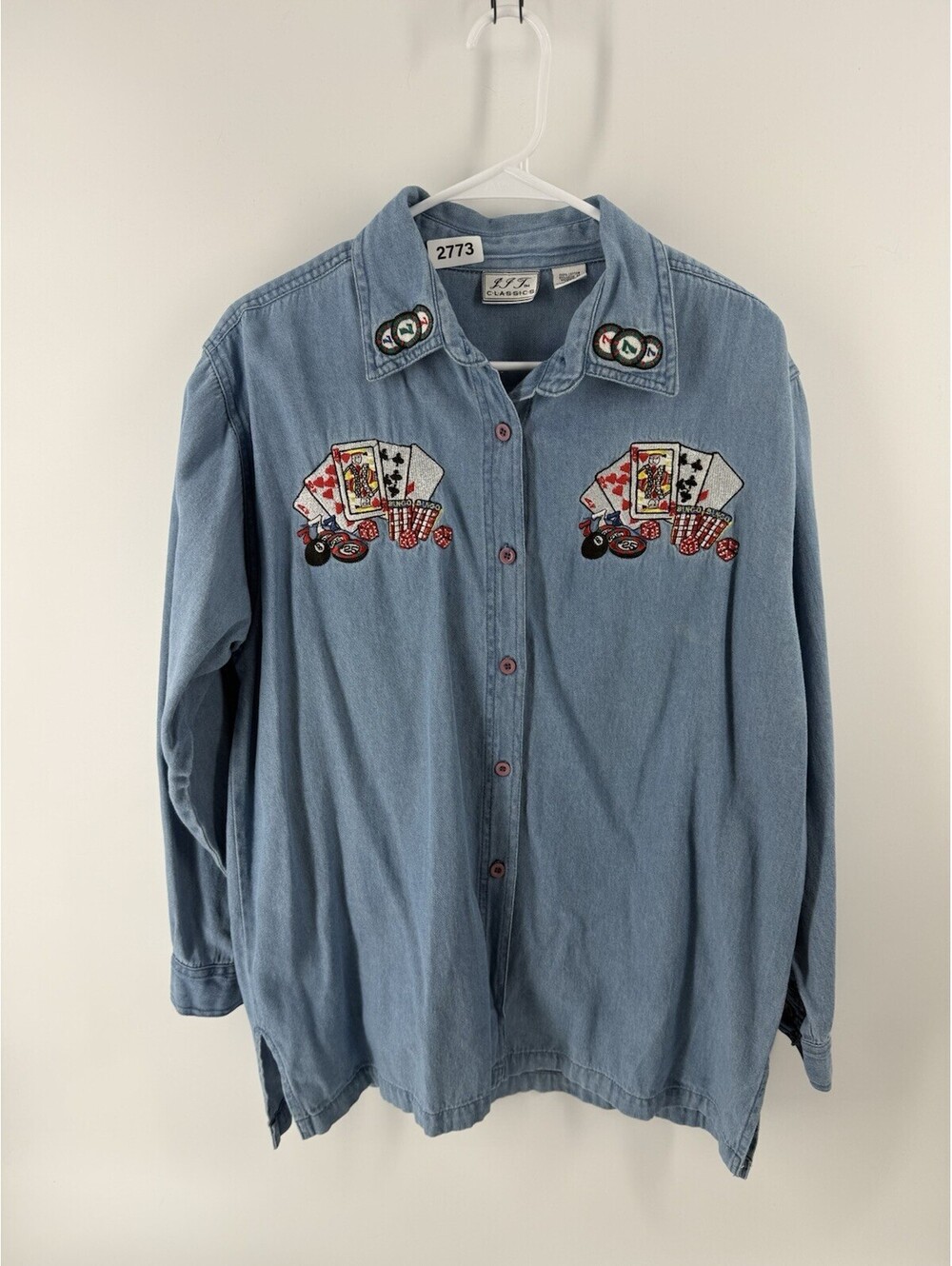 Vintage Passion Poker Chip Embroidered Denim Shirt Long Sleeve Cotton Large